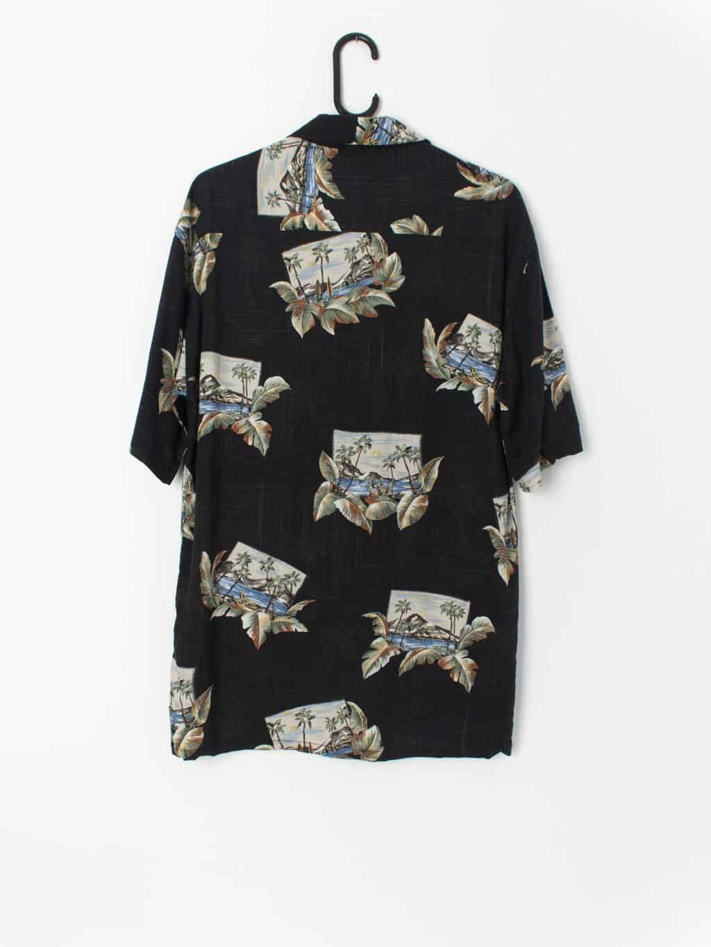90s Vintage Hawaiian Shirt Black With Bold Postcard Style Print Small Medium 3