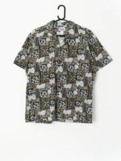90s Vintage Hawaiian Shirt Black With Sea Turtle And Tropical Leaf Print Made In Hawaii Medium