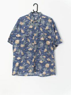 90s Vintage Hawaiian Shirt Blue With Seashells And Ocean Plant Print Large