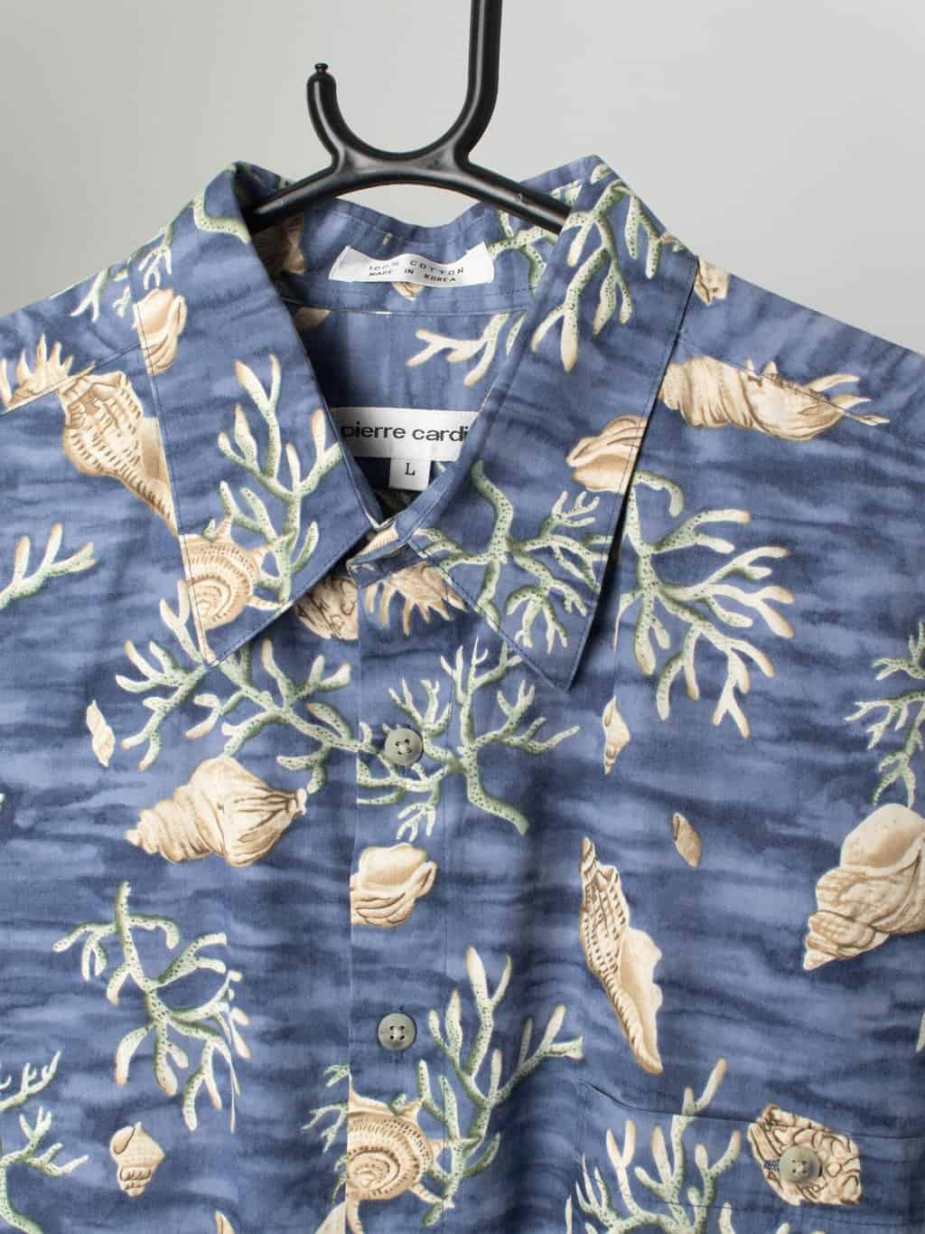 90s Vintage Hawaiian Shirt Blue With Seashells And Ocean Plant Print Large 3