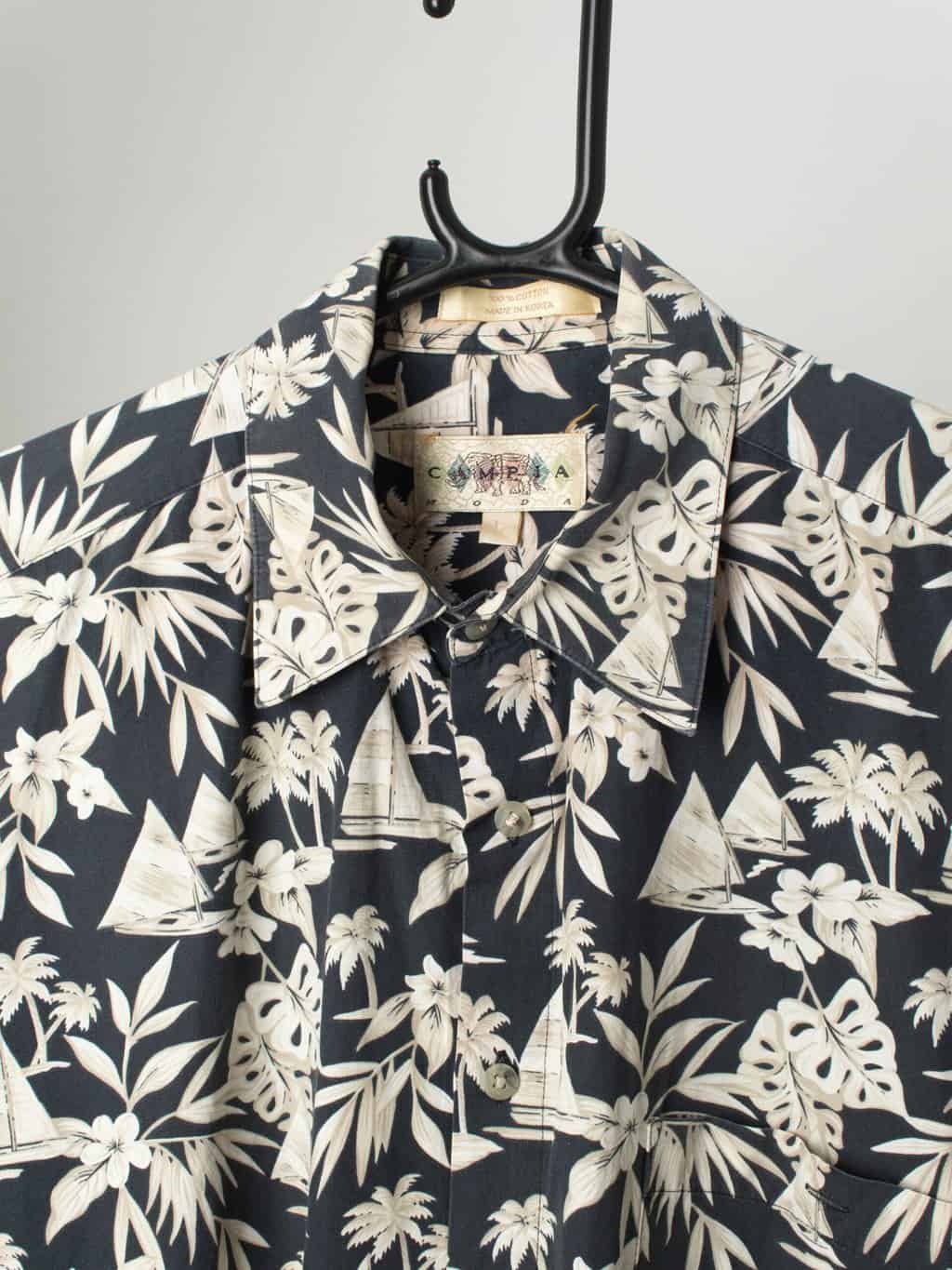 90s Vintage Hawaiian Shirt Dark Blue Cotton With Cream Floral And Sail Boat Print Large 2