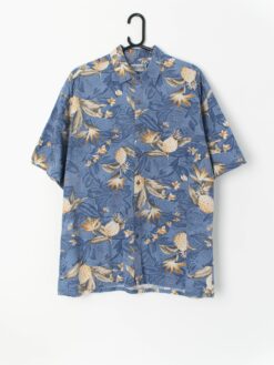90s Vintage Mens Cotton Hawaiian Shirt In Blue With Unique Pineapple Floral And Plant Print Xl