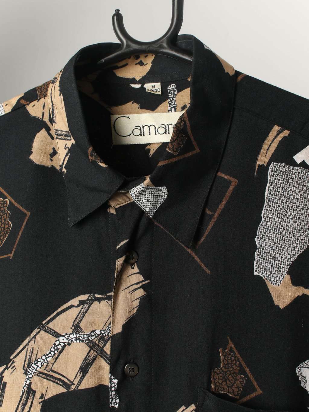 Mens Vintage Camargue Shirt Black With Crazy Abstract Print With Text And Long Sleeves Medium 2