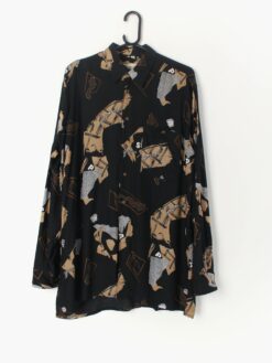 Mens Vintage Camargue Shirt Black With Crazy Abstract Print With Text And Long Sleeves Medium