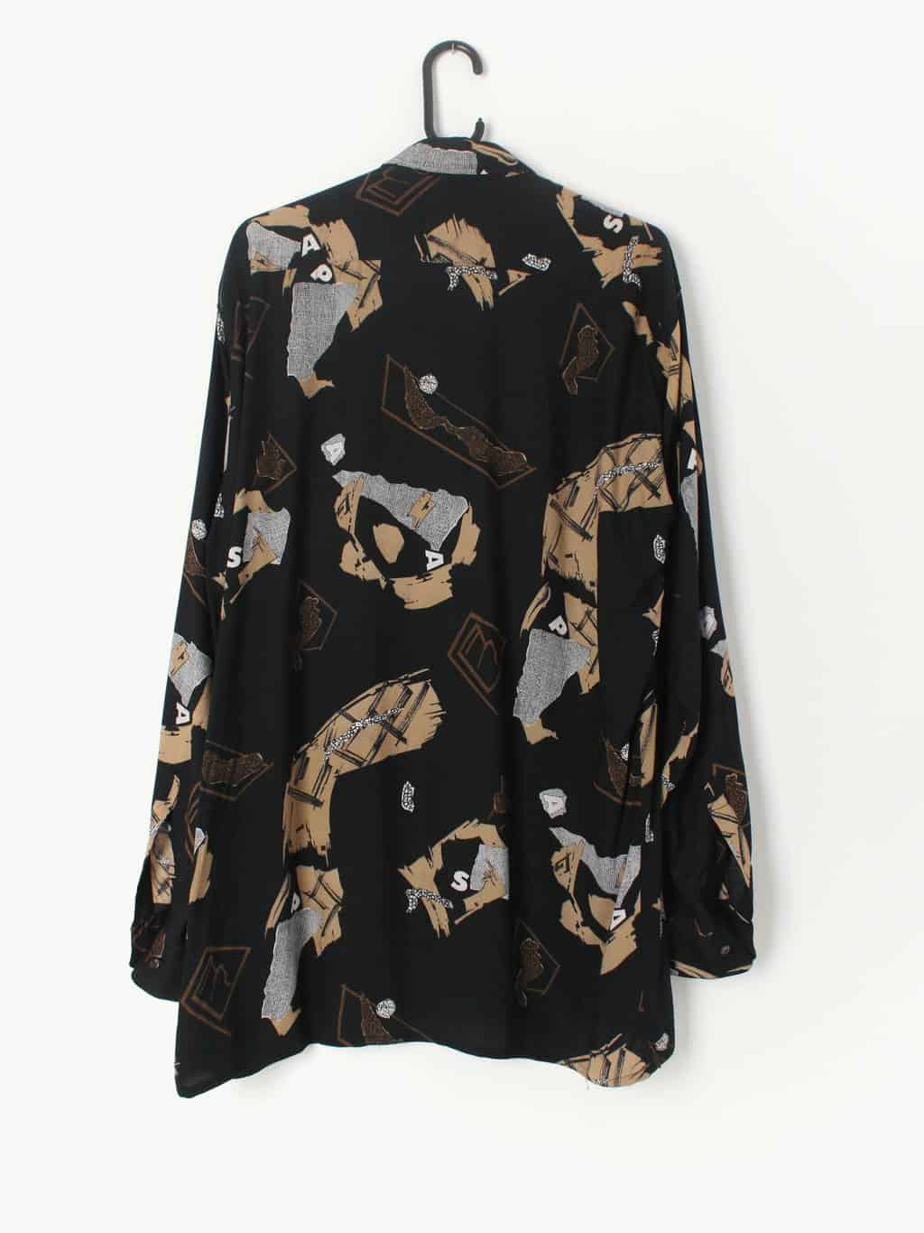 Mens Vintage Camargue Shirt Black With Crazy Abstract Print With Text And Long Sleeves Medium 3