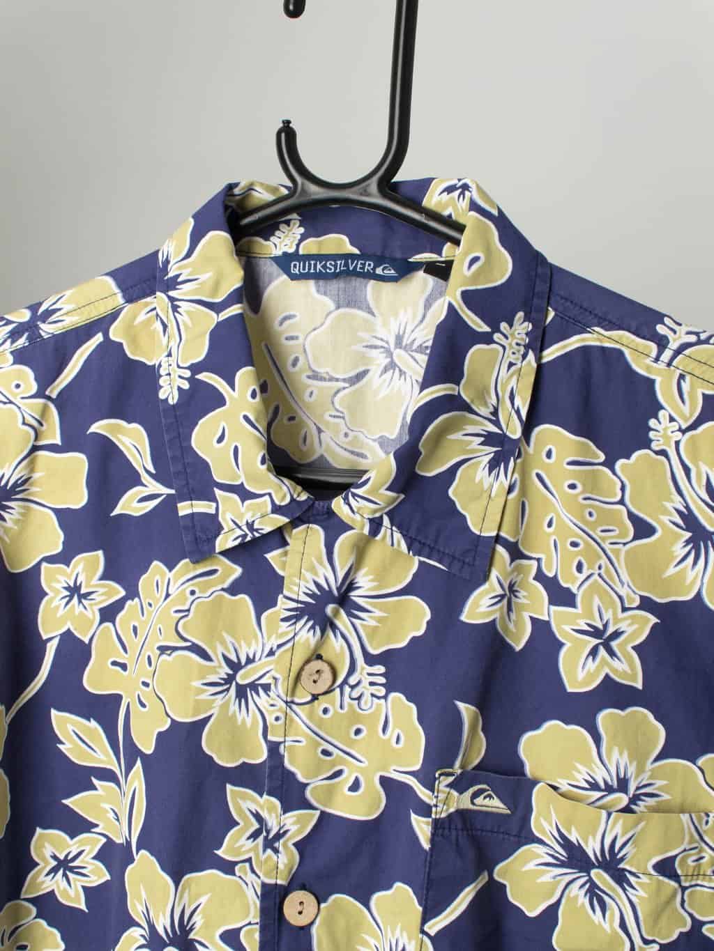 Mens Vintage Quicksilver Hawaiian Shirt Blue And Mustard Yellow Floral Print Large 2