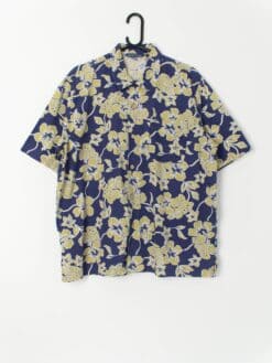 Mens Vintage Quicksilver Hawaiian Shirt Blue And Mustard Yellow Floral Print Large