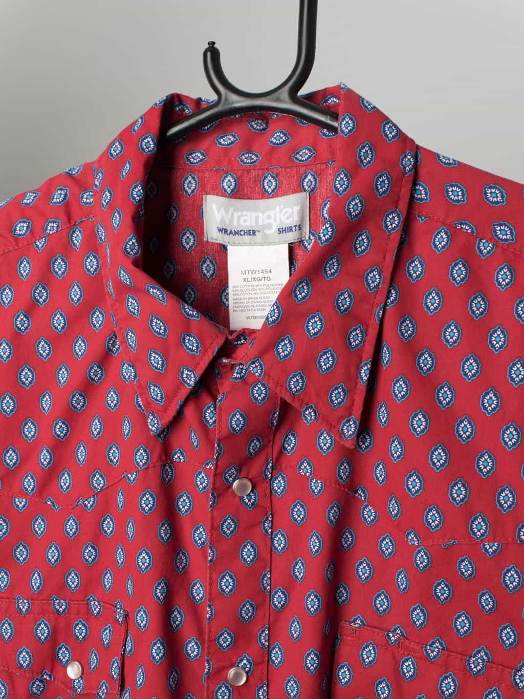 Red Vintage Wrangler Western Shirt With Blue Diamond Print Xl 2