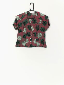 Vintage 1950s Handmade Short Sleeve Blouse With Floral Design Xxs