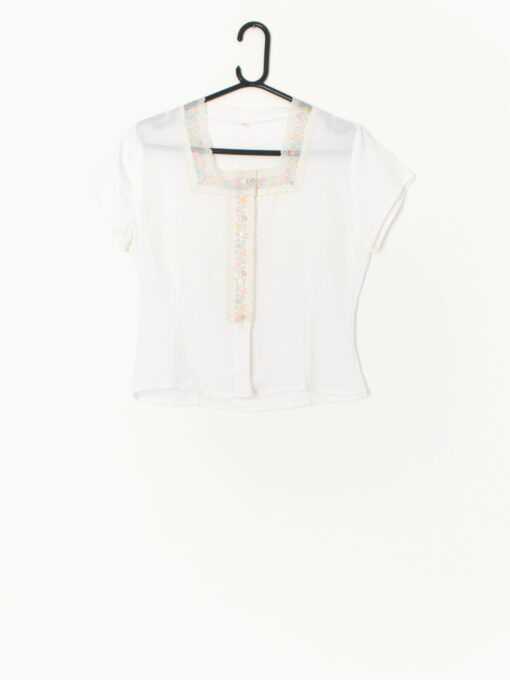 Vintage 50s 60s Blouse White Square Lace Neckline With Floral Design Xs Small