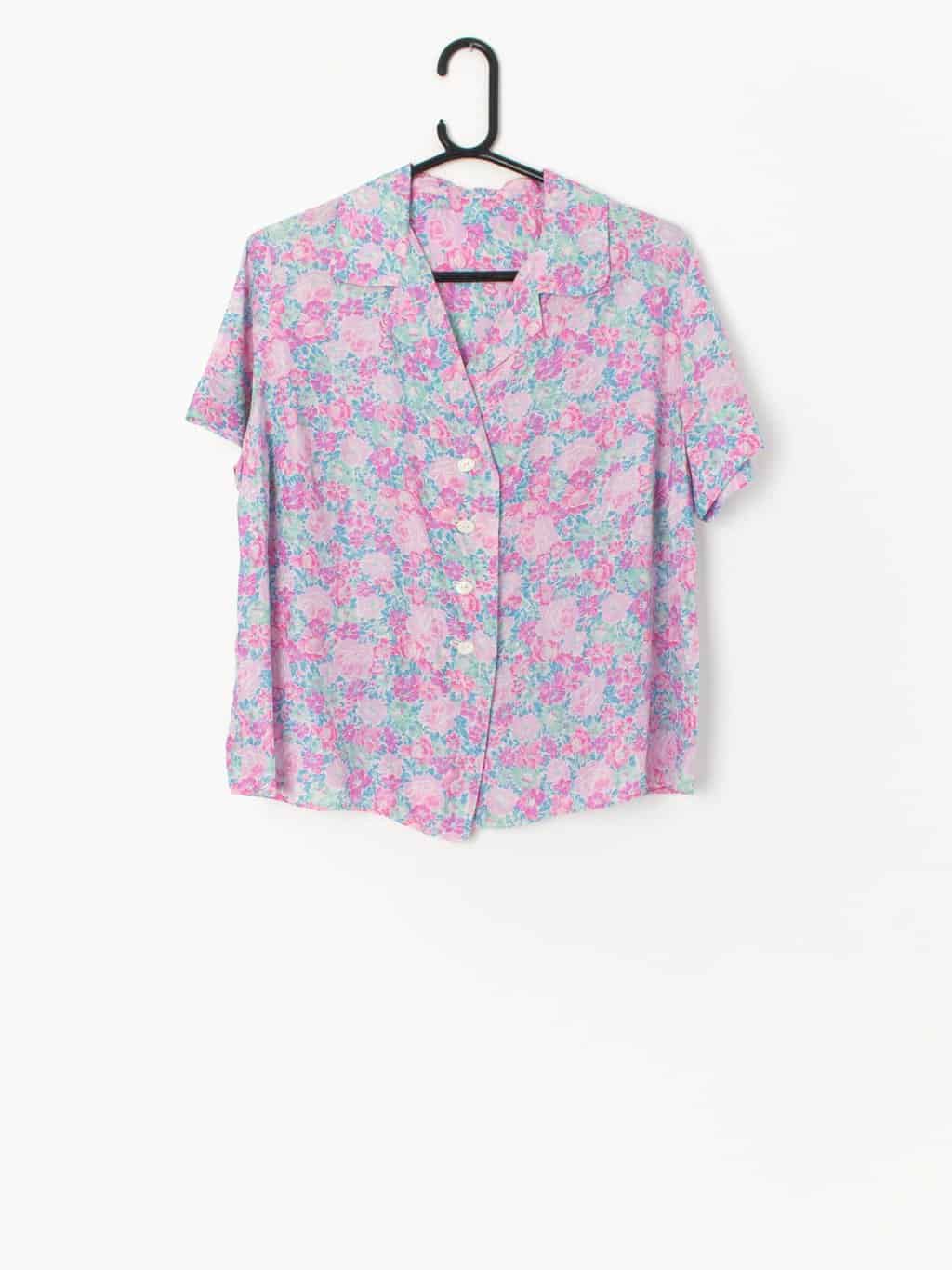 Vintage 60s Handmade Blouse With Pink Floral Pattern Large