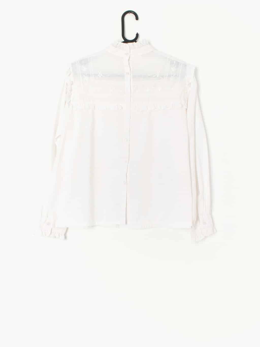 Vintage 70s Blouse White With Frills Ruffles And Button Up Back Large Xl 2