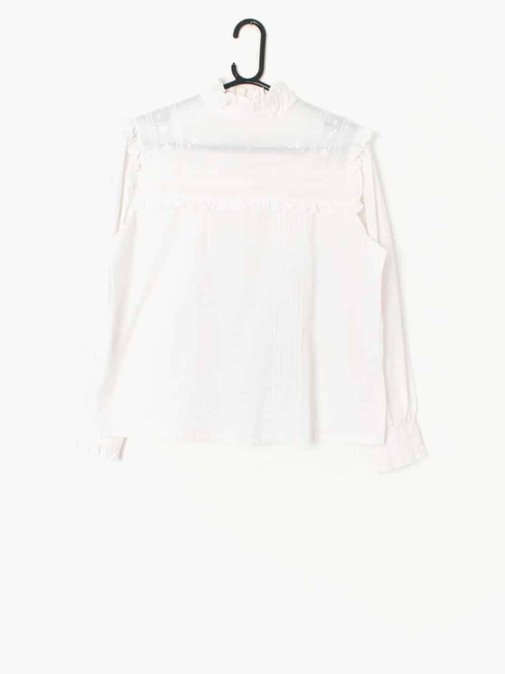 Vintage 70s Blouse White With Frills Ruffles And Button Up Back Large Xl