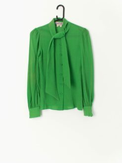 Vintage 70s Gina Fratini Blouse With Tie Front Collar In Bright Green Xxs