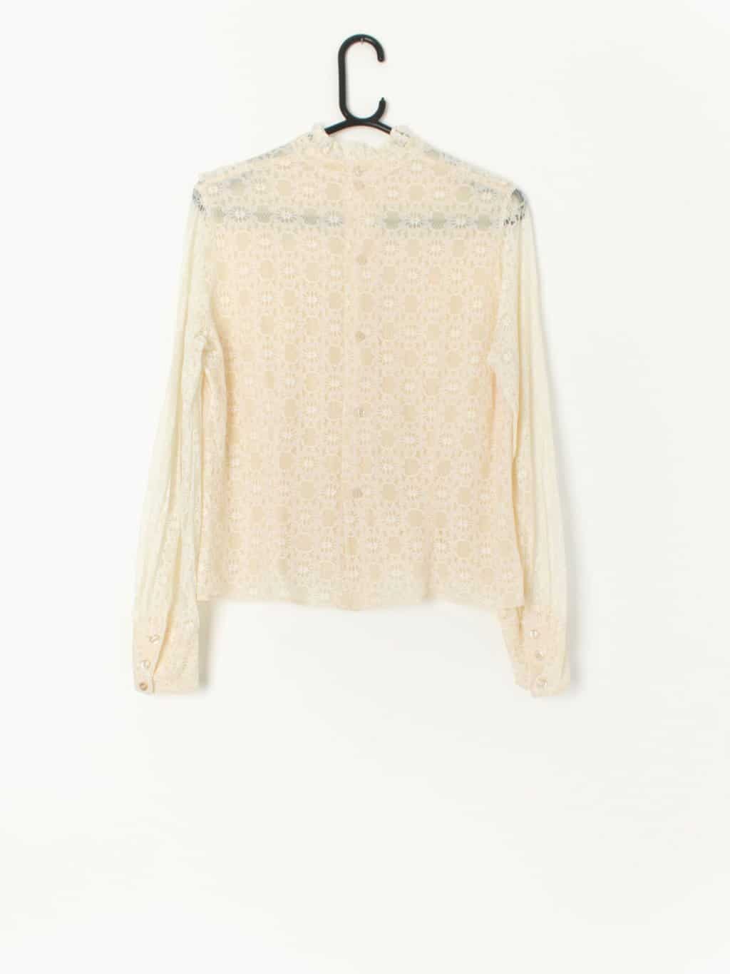 Vintage 70s Lace Blouse In Pale Beige With Button Up Back Medium 3