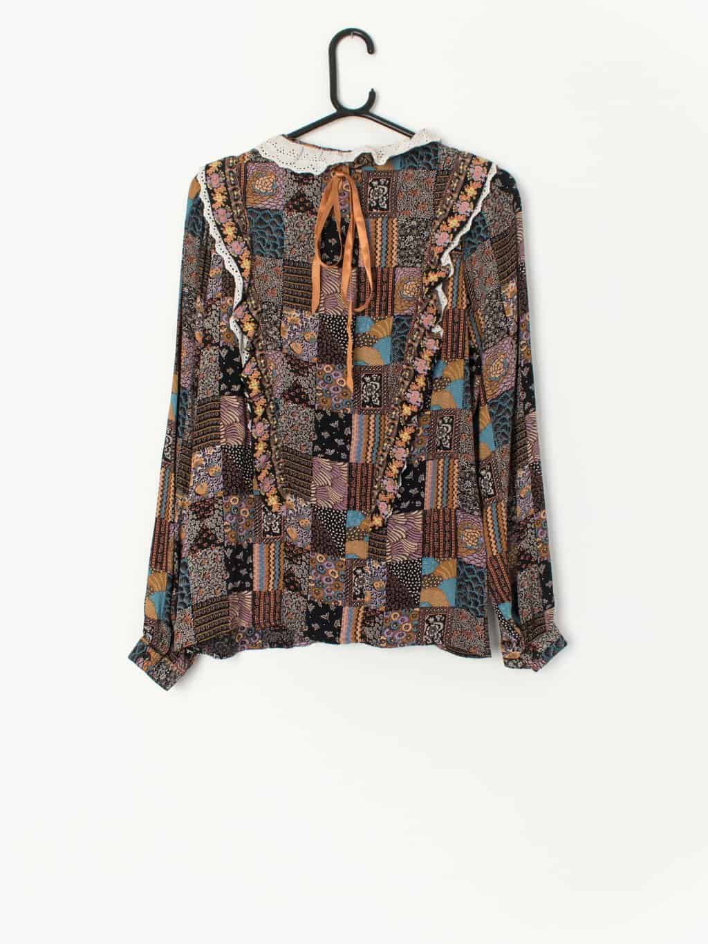 Vintage 70s Patchwork Print Blouse With Ruffle Collar Small 2