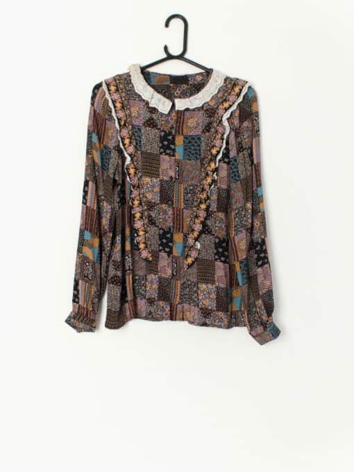Vintage 70s Patchwork Print Blouse With Ruffle Collar Small