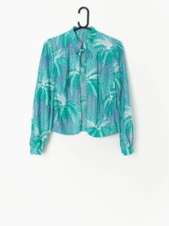 Vintage 70s Tie Up Jacket Lightweight Abstract Dot Design In Green Blue Medium
