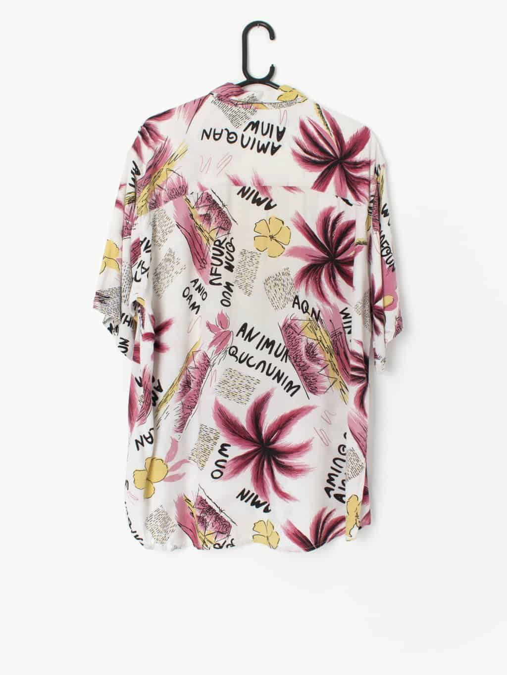 Vintage 90s Hawaiian Shirt In White With Bold Pink And Yellow Floral Palm Tree Design Xl 2