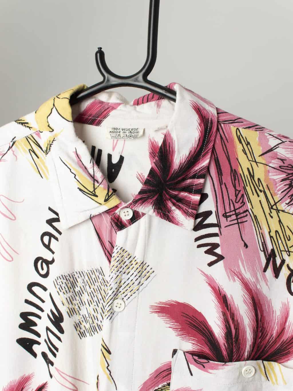 Vintage 90s Hawaiian Shirt In White With Bold Pink And Yellow Floral Palm Tree Design Xl 3