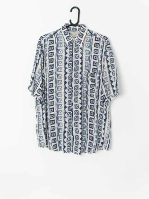 Vintage 90s Hawaiian Shirt Linen Blend With A Unique Blue Bold Print Made In Australia Medium