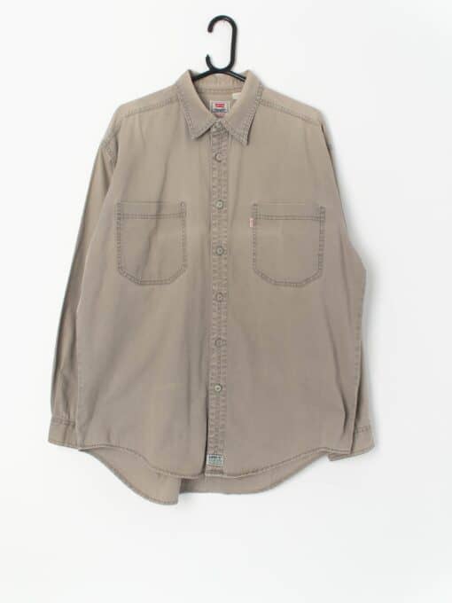 Vintage 90s Men Levi Denim Shirt Grey Light Olive Green Large Xl