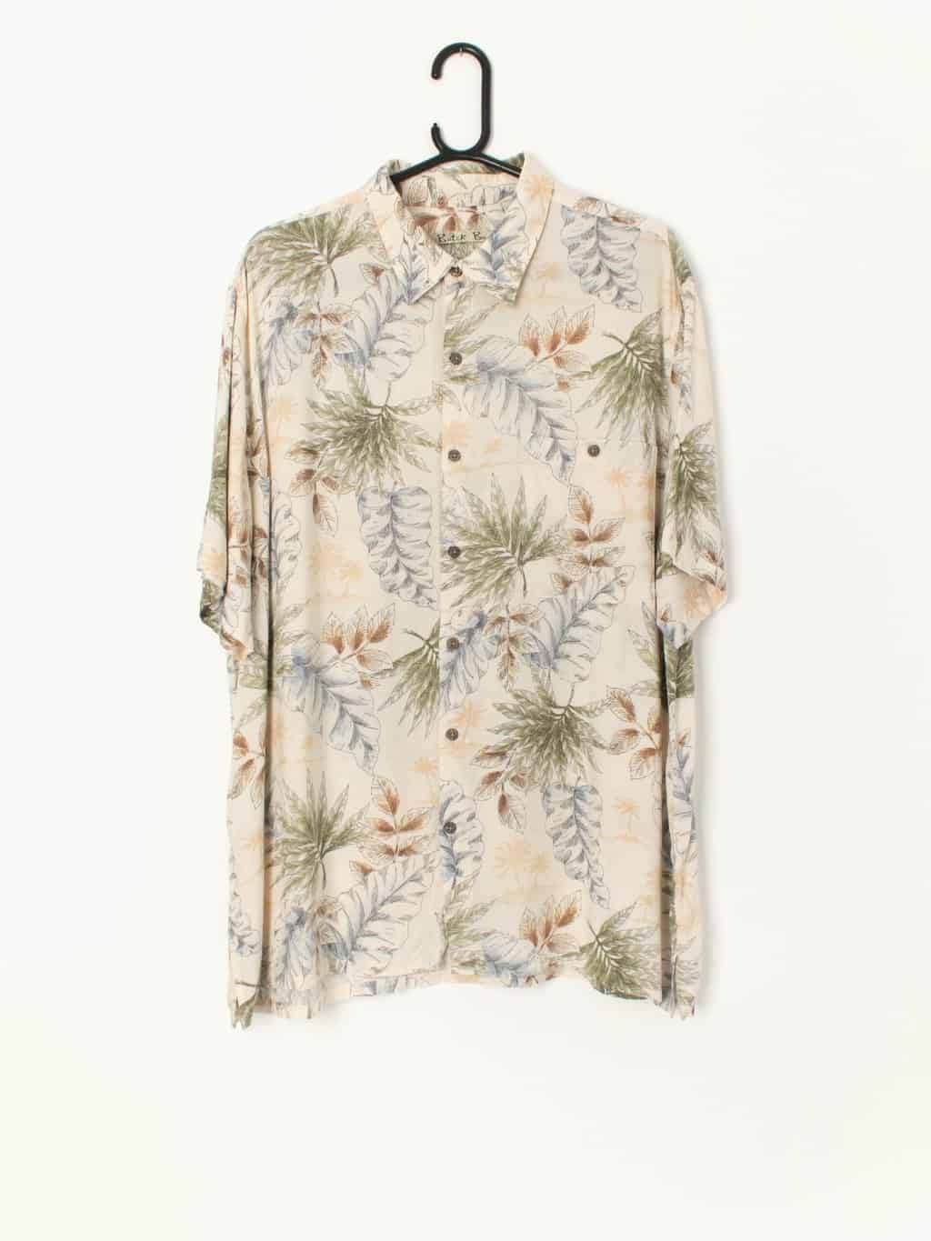 Vintage 90s Mens Hawaiian Cream Shirt With Large Leaf Pattern And Palm Trees Xl