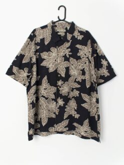 Vintage 90s Silk Hawaiian Shirt Black With A Fresh Large Grey Green Flower Print Xl 2xl