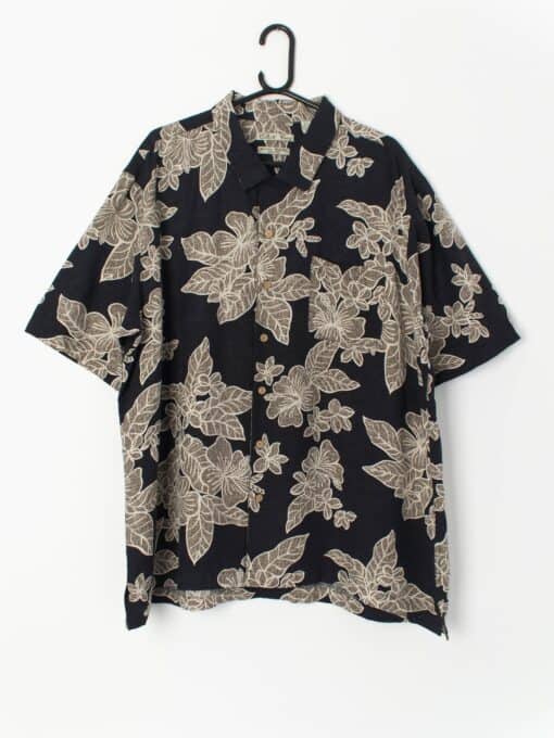Vintage 90s Silk Hawaiian Shirt Black With A Fresh Large Grey Green Flower Print Xl 2xl