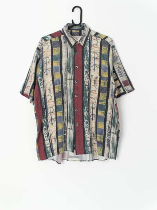 Vintage Artistic Striped Short Sleeve Cotton Shirt In Red Yellow And Blue Tones Medium