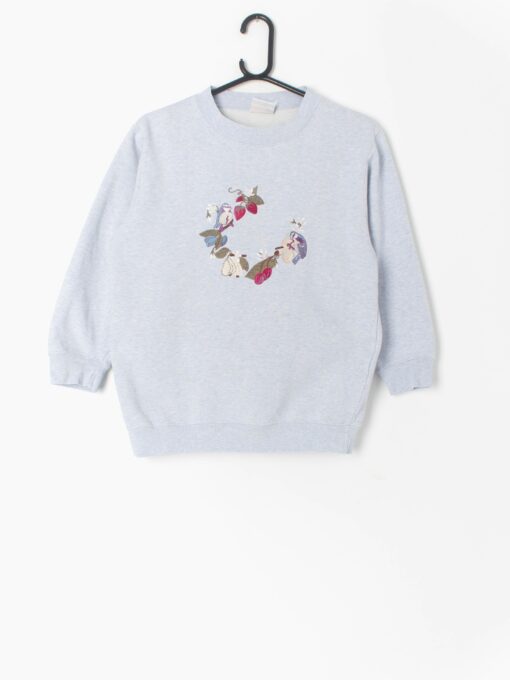 Vintage Bird Sweatshirt Blue Grey With Cute Blue Tits Spring Berry Design Xs Small
