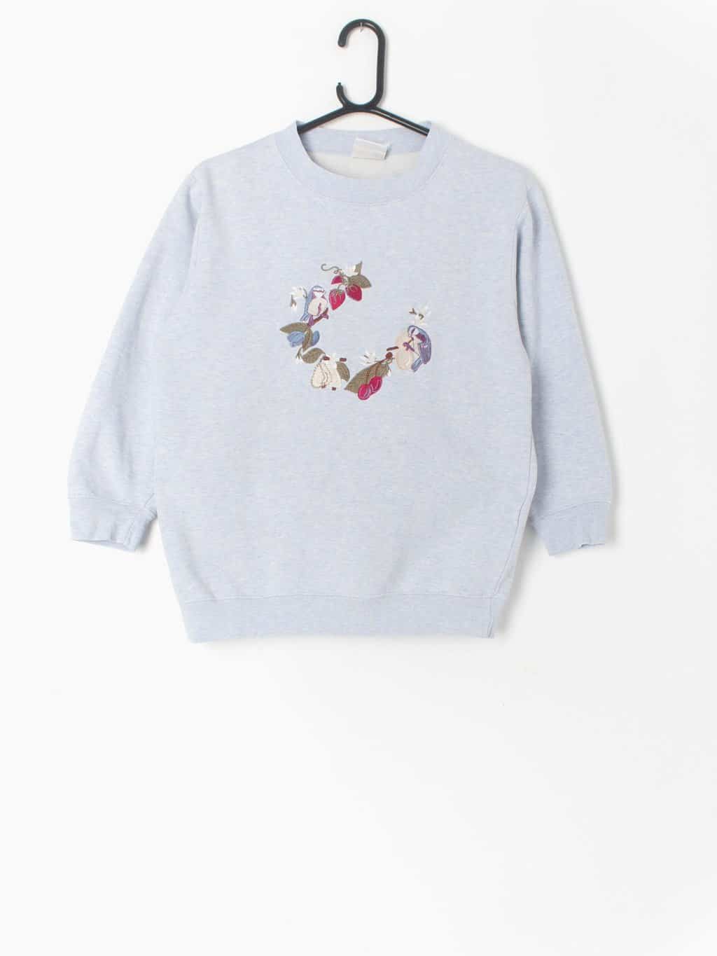 Vintage Bird Sweatshirt Blue Grey With Cute Blue Tits Spring Berry Design Xs Small