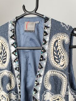 Vintage Boho Sequin Sparkly Vest In Blue Silk With Floral Embellishment Small 2