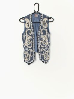 Vintage Boho Sequin Sparkly Vest In Blue Silk With Floral Embellishment Small
