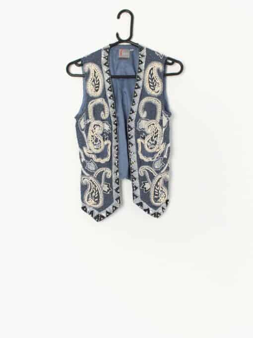 Vintage Boho Sequin Sparkly Vest In Blue Silk With Floral Embellishment Small