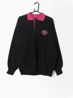 Vintage Collared Sweatshirt Black With Pink Collar And Hot Air Ballon Embroidered Logo 80s Large Xl