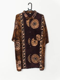Vintage Hawaiian Batik Shirt Perfect Festival Vibe With Dark Purple Brown And Yellow Tribal Design Xl