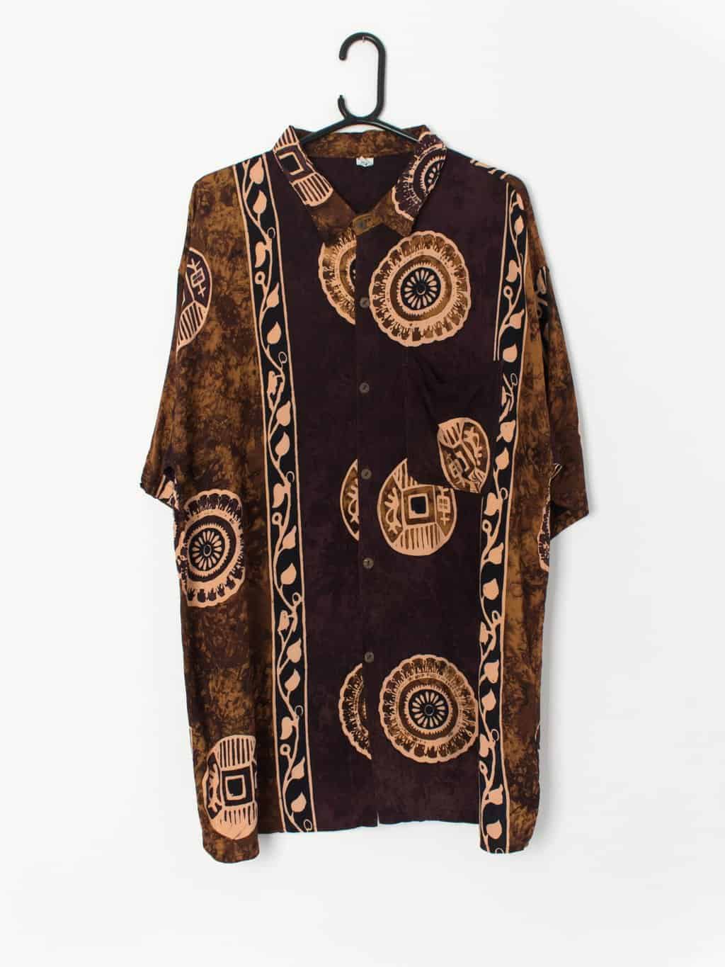 Vintage Hawaiian Batik Shirt Perfect Festival Vibe With Dark Purple Brown And Yellow Tribal Design Xl