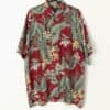 Vintage Hawaiian Mens Cherry Red Silk Shirt With Floral And Plant Print Large Xl