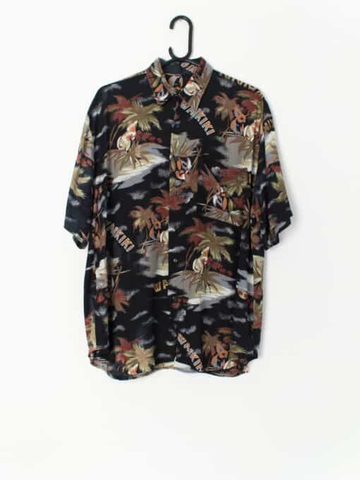 Vintage Hawaiian Shirt Black With Vibrant Cockatoos And Palm Tree Design Medium Large