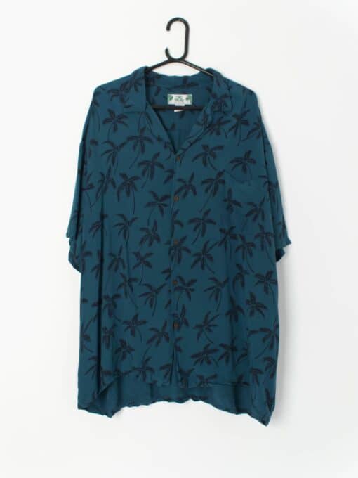 Vintage Hawaiian Shirt Dark Teal With Dark Navy Blue Palm Trees Made In Hawaii 2xl