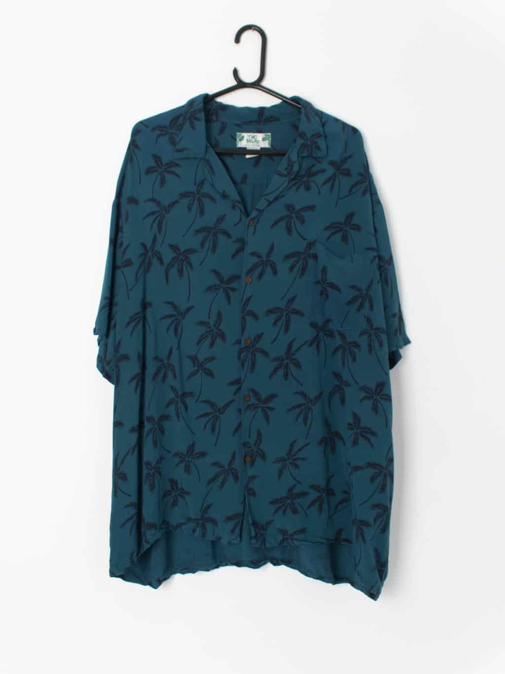 Vintage Hawaiian Shirt Dark Teal With Dark Navy Blue Palm Trees Made In Hawaii 2xl