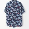 Vintage Hawaiian Shirt Deep Blue Nautical Theme With Boat Postal Stamps And Compass Design Large Xl