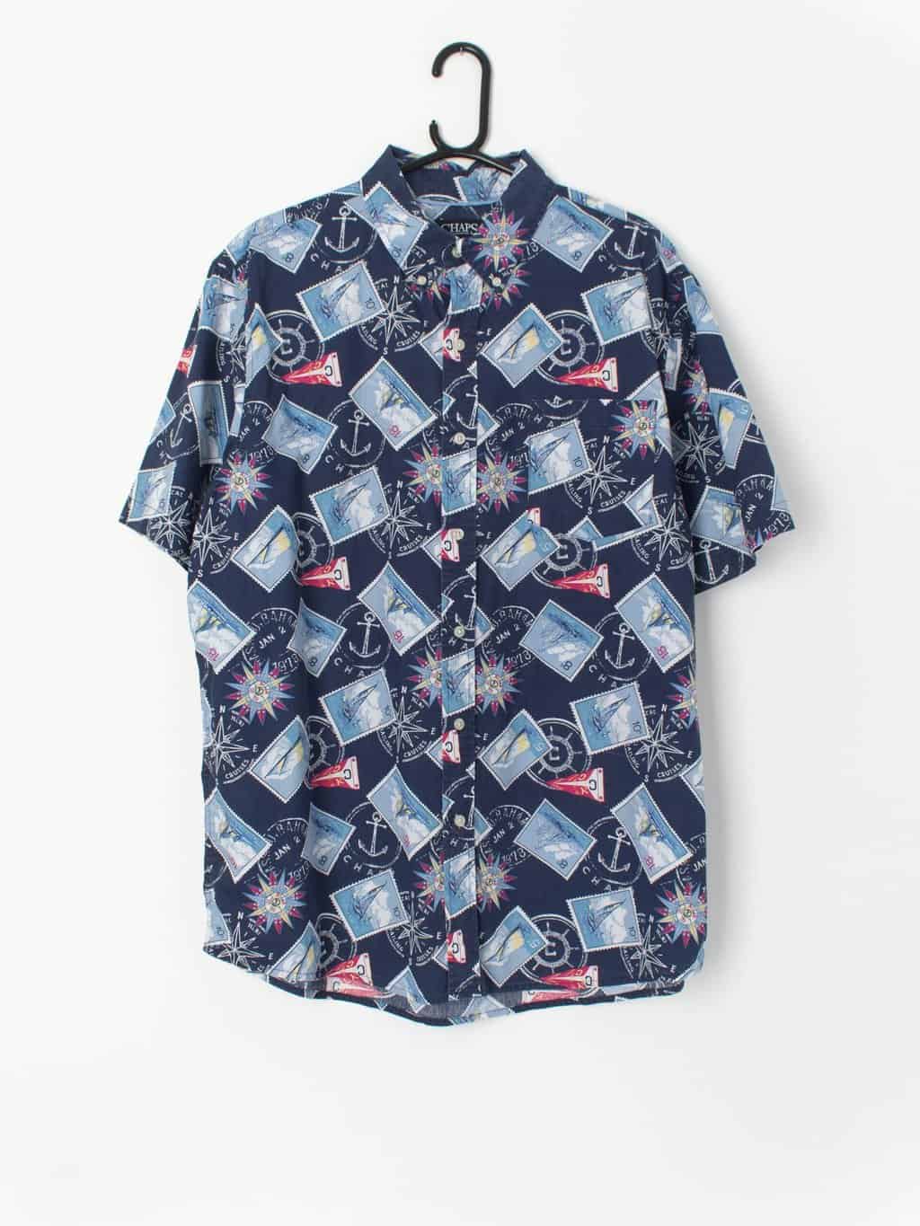 Vintage Hawaiian Shirt Deep Blue Nautical Theme With Boat Postal Stamps And Compass Design Large Xl