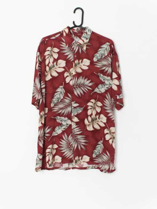 Vintage Hawaiian Shirt In Vermilion Red With Large Leaf Pattern In Dark Cream And Muted Green Medium