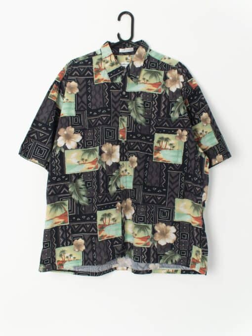 Vintage Hawaiian Shirt Pierre Cardin Black With Post Card Stamp Design 2xl