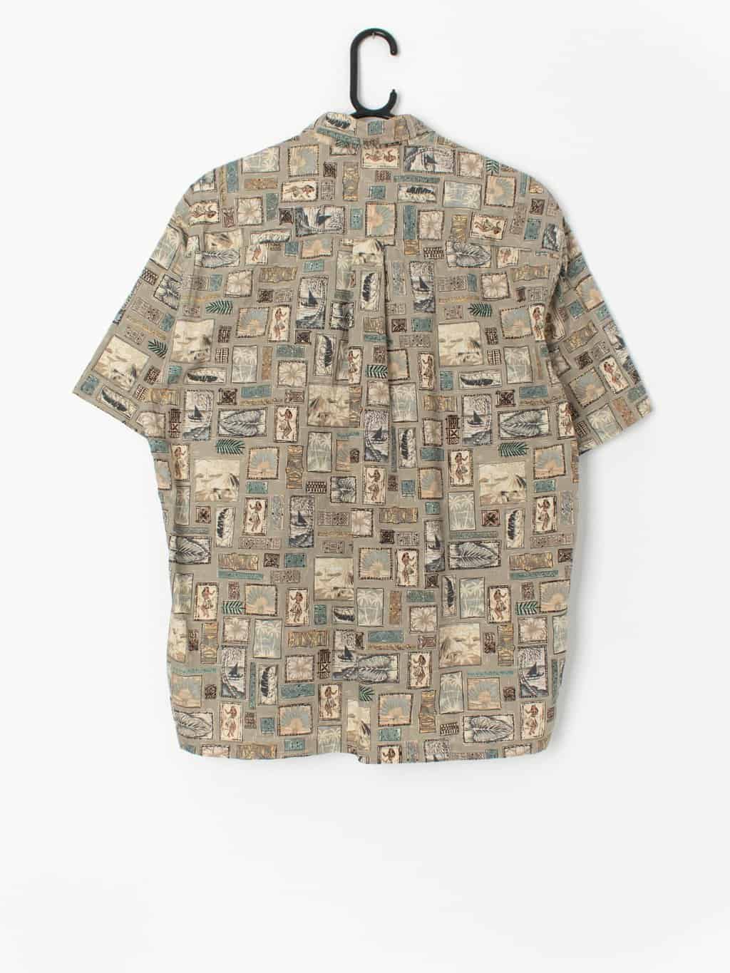 Vintage Hawaiian Shirt Sage Green With Stunning Tiled Postage Stamp Design Medium Large 2