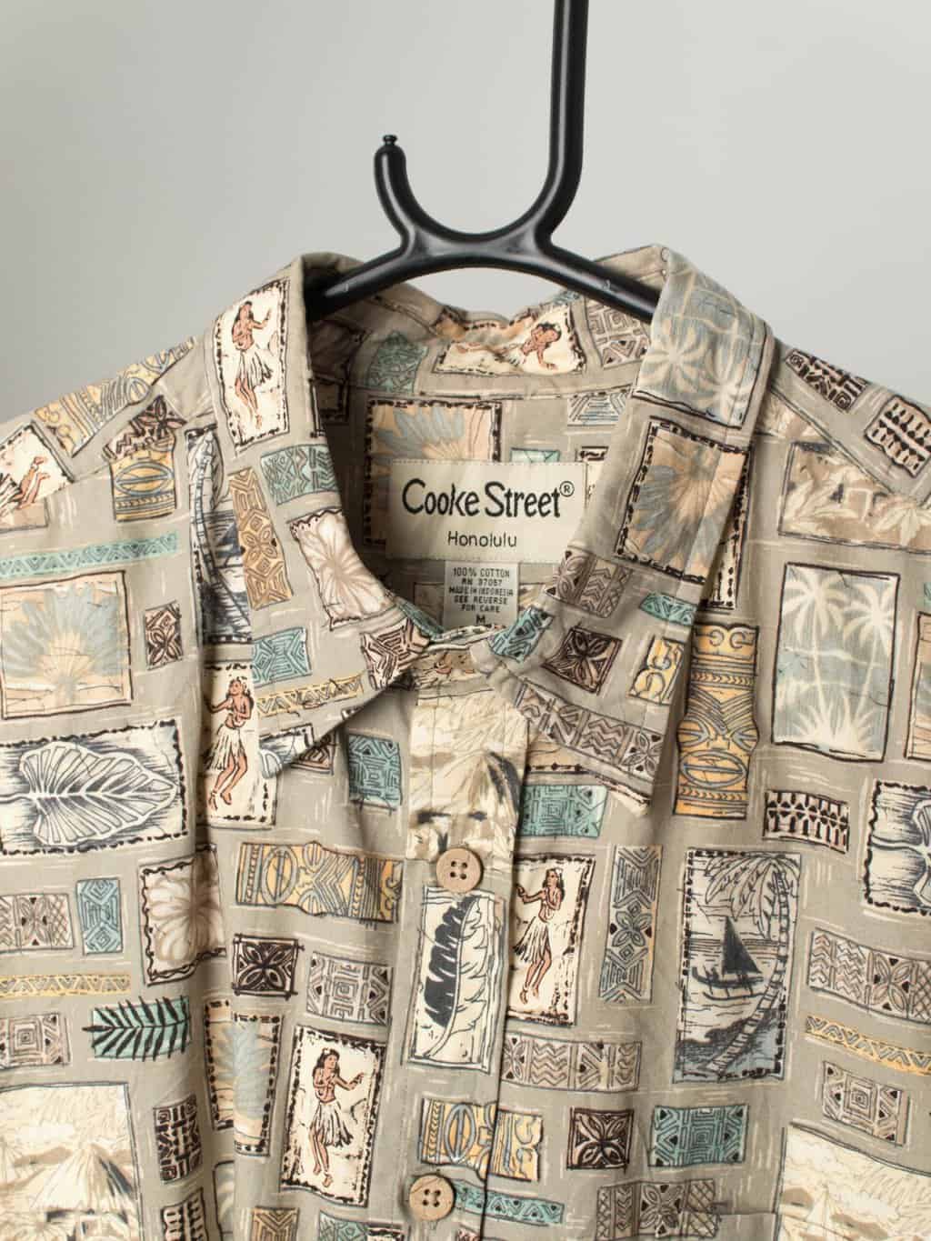 Vintage Hawaiian Shirt Sage Green With Stunning Tiled Postage Stamp Design Medium Large 3