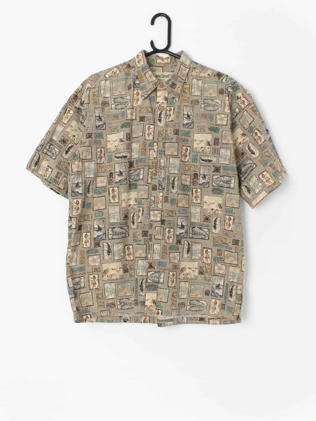 Vintage Hawaiian Shirt Sage Green With Stunning Tiled Postage Stamp Design Medium Large