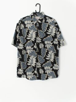 Vintage Hawaiian Shirt Silk And Cotton Black With Large Leaf Pattern In Shades Of Blue Medium